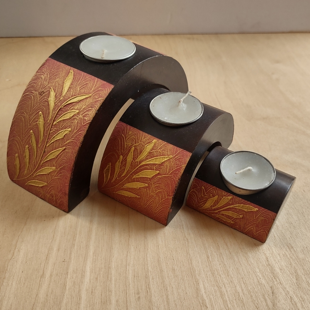 3 Pc Candle Holder Set Red Wood Gold Raised Floral Nesting Round Design Boho Tea